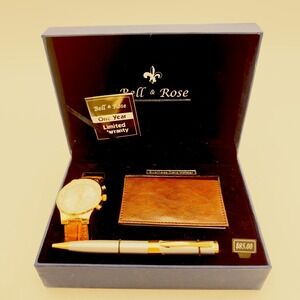 Bell & Rose Watch Pen Business Card Holder Men's Gift Box Set Brown Leather